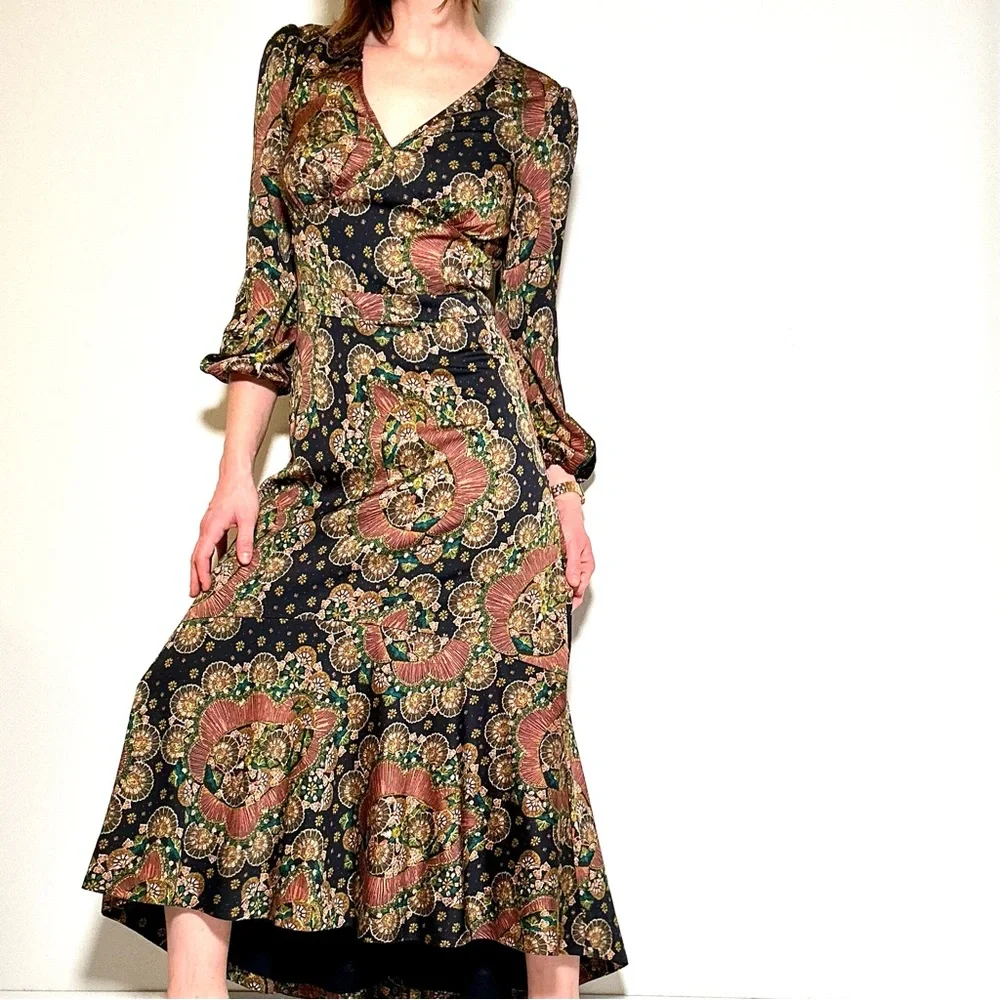 J. Crew Navy Paisley Maxi Dress with Pink and Green Accents